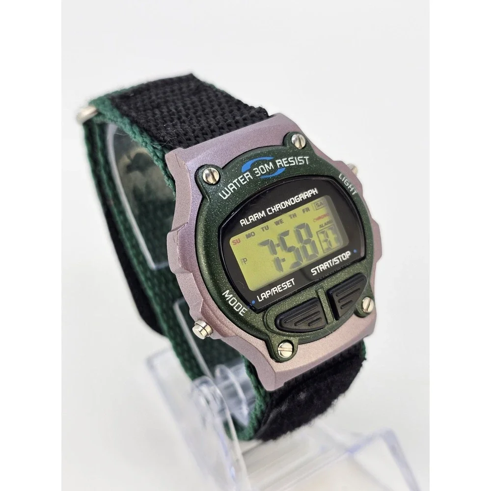 Men's Sports Digital Watch 40MM Green Black Nylon Band Light Chrono New Battery